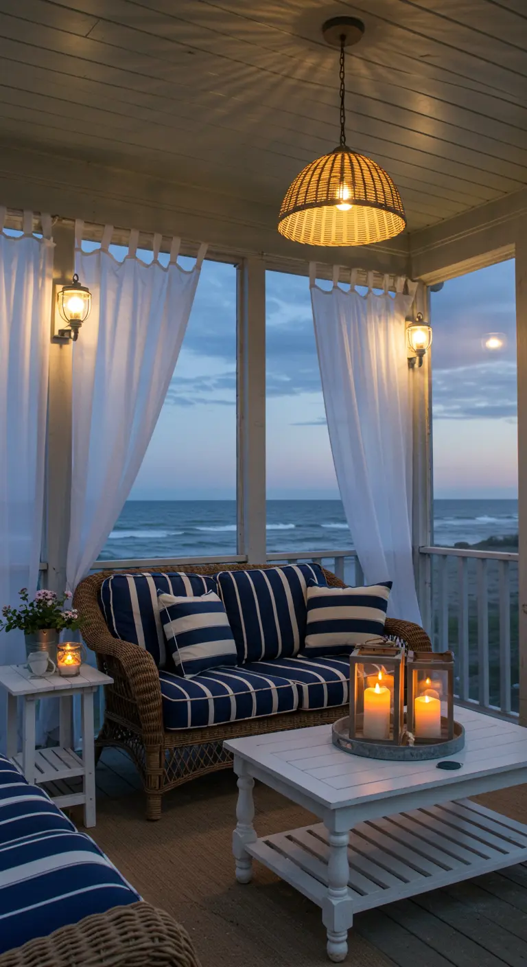 Porche costero con sofá de mimbre, cojines a rayas, cortinas blancas y vistas al océano.