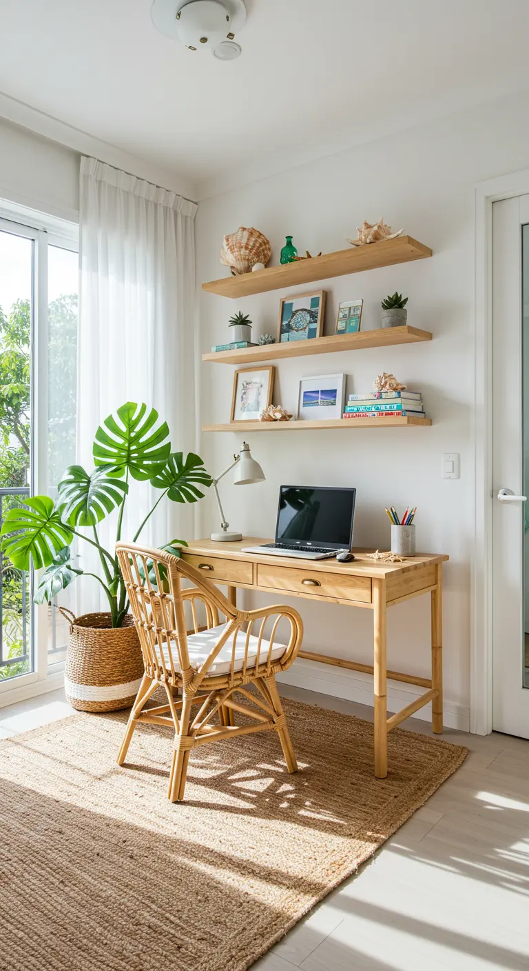 Oficina en casa con silla de ratán, escritorio de madera y una gran planta monstera junto a la ventana.