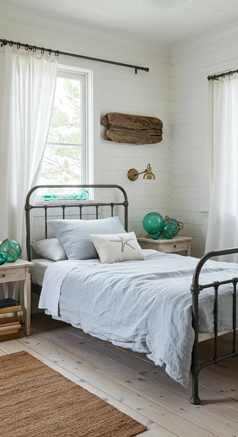 Dormitorio de estilo costero con paredes de lamas blancas, cama de hierro y decoración náutica.