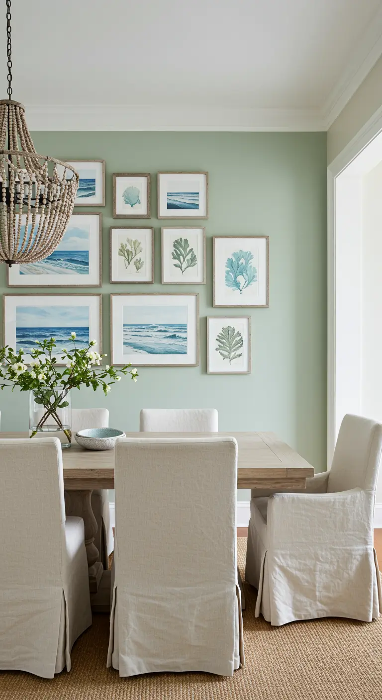 Pared de galería de estilo costero con acuarelas del mar y marcos de madera clara