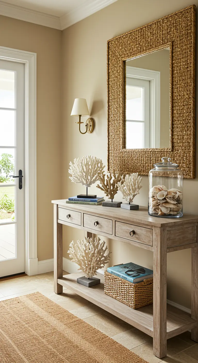 Consola de estilo costero con espejo de fibra natural y decoración de coral