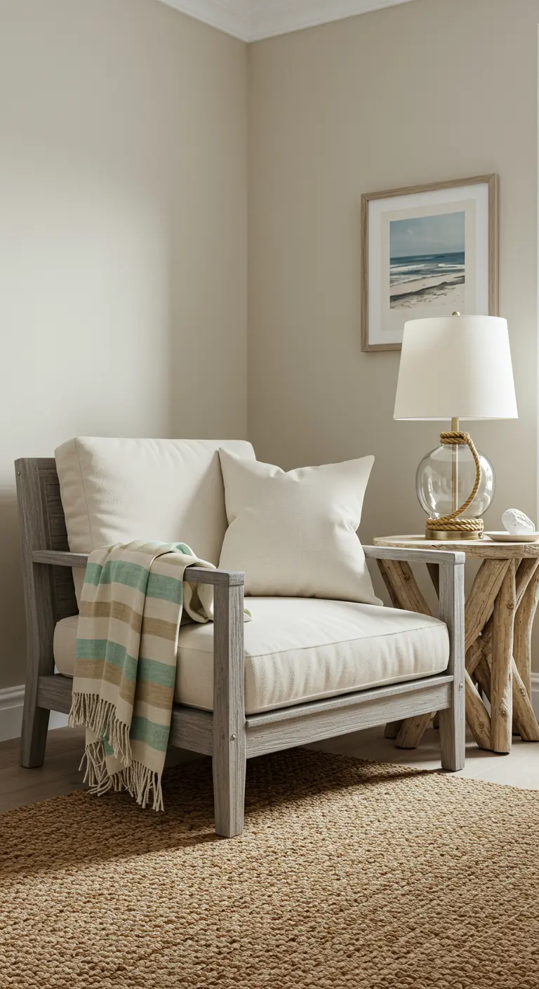 Sillón de madera grisácea con cojines blancos, manta a rayas y lámpara con base de cuerda.