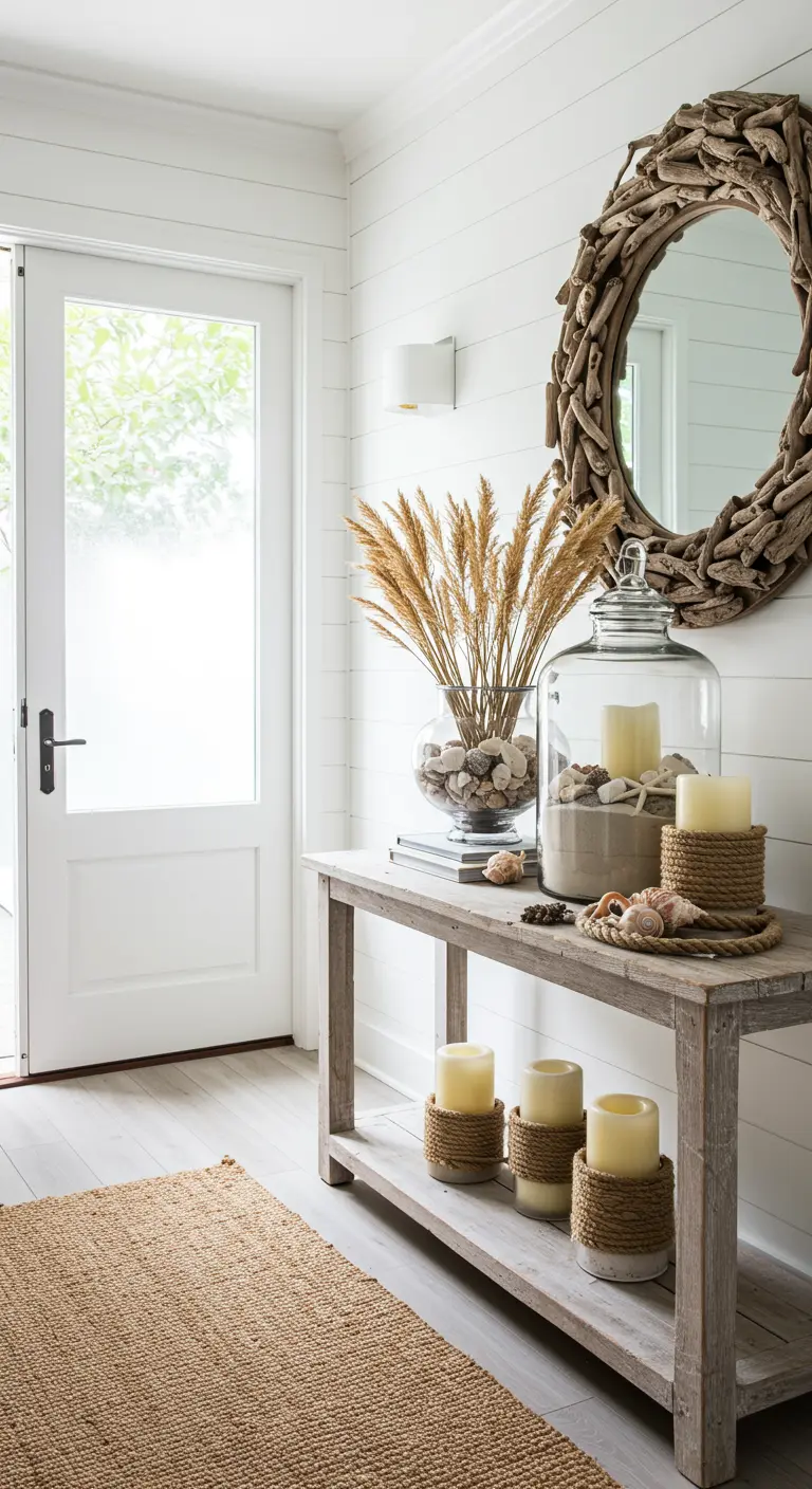 Entrada de estilo costero con consola de madera, espejo de ramas y jarrones con arena y velas.
