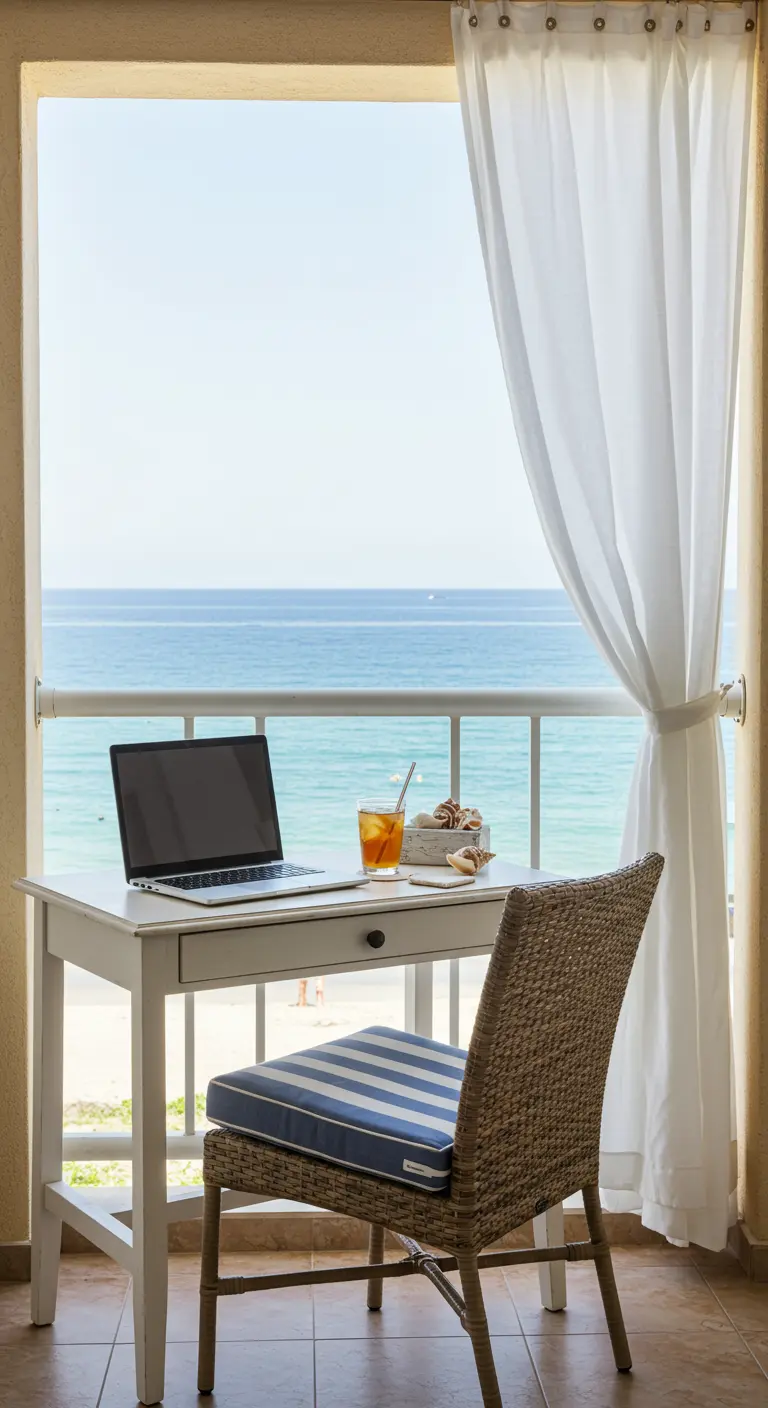 Escritorio blanco frente a un balcón con vistas al mar, silla de mimbre y cortina blanca