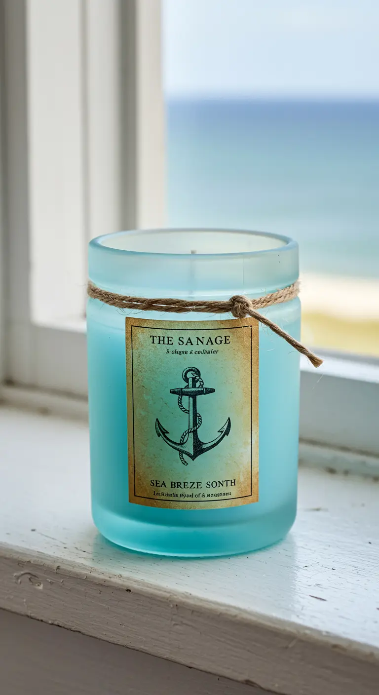 Vela azul en un frasco de vidrio esmerilado con una etiqueta de ancla y vistas al mar de fondo.
