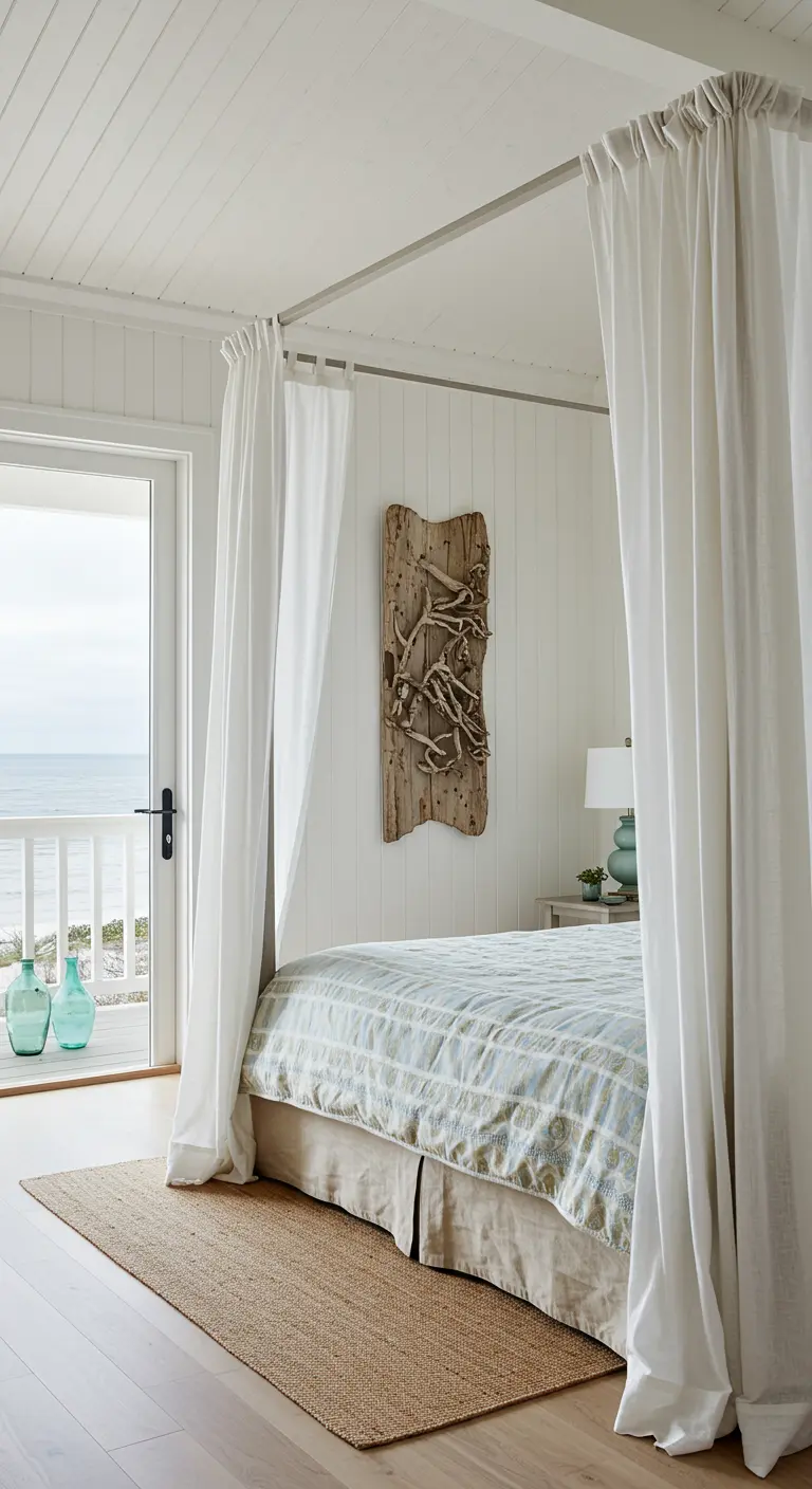 Dormitorio costero con cama con dosel, arte de madera de deriva y vistas al mar.