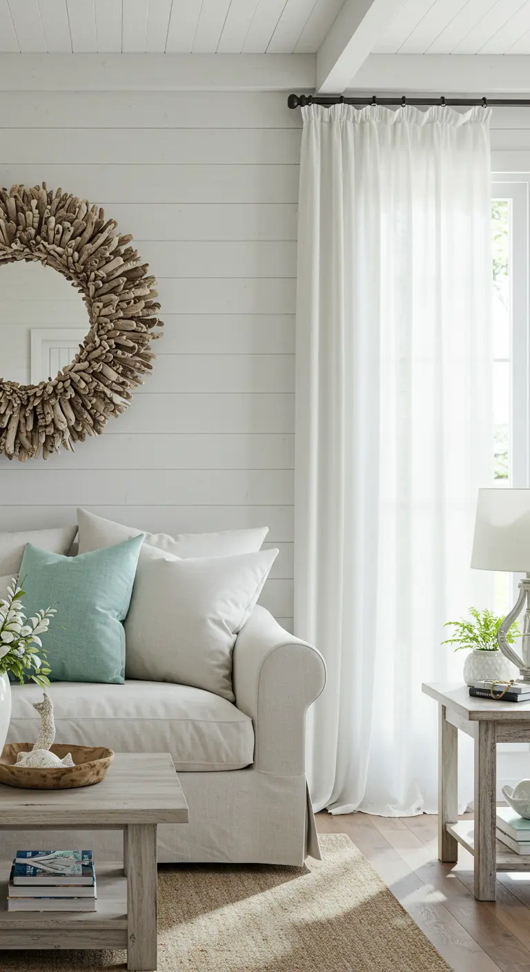 Espejo redondo con un marco grueso hecho de trozos de madera de deriva en un salón de estilo playero