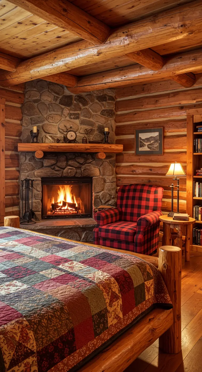 Rincón de lectura rústico en una cabaña de madera con chimenea de piedra y butaca de cuadros.