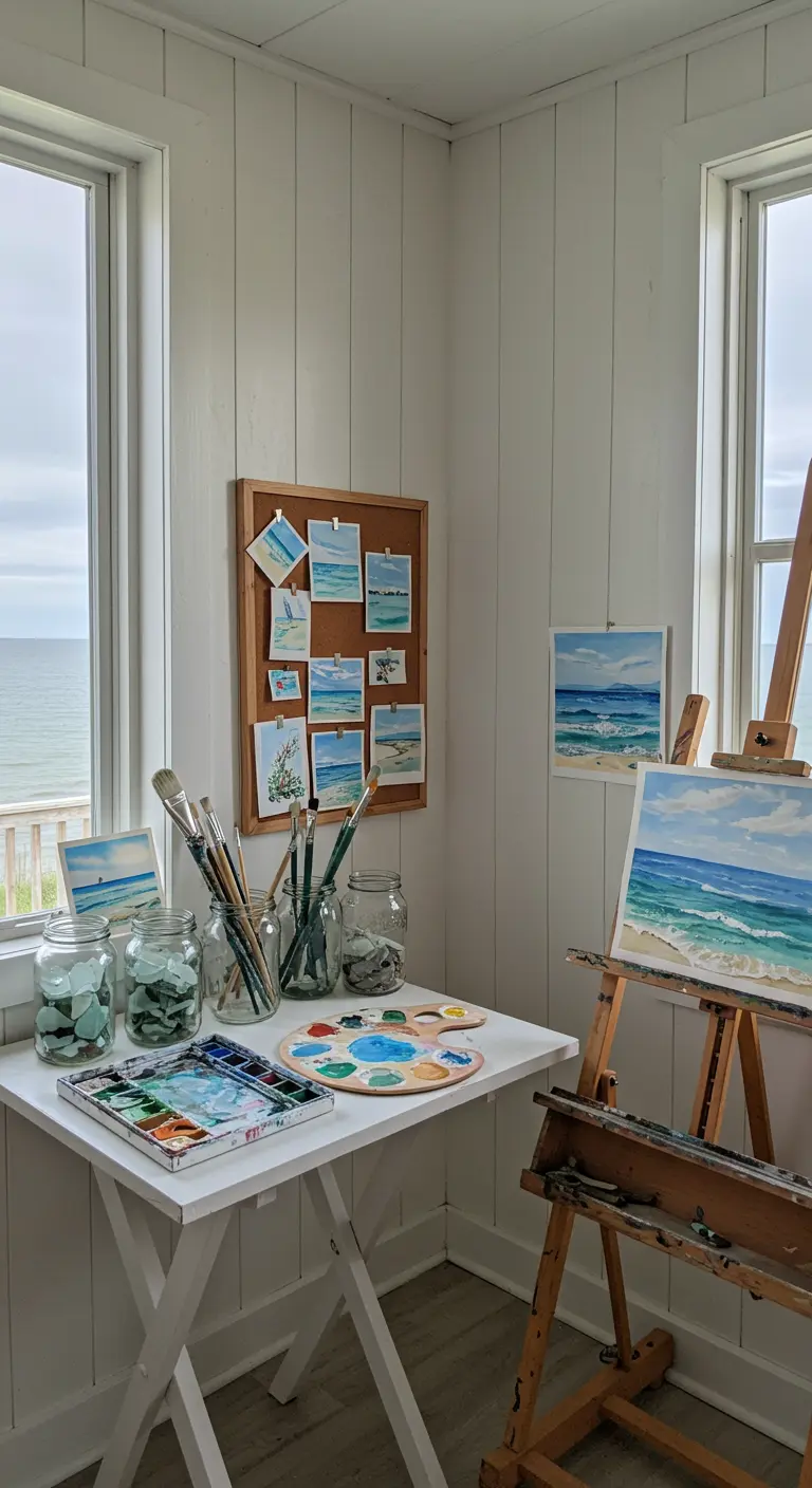 Estudio de arte junto a una ventana con vistas al mar, paredes blancas y pinturas de paisajes marinos.