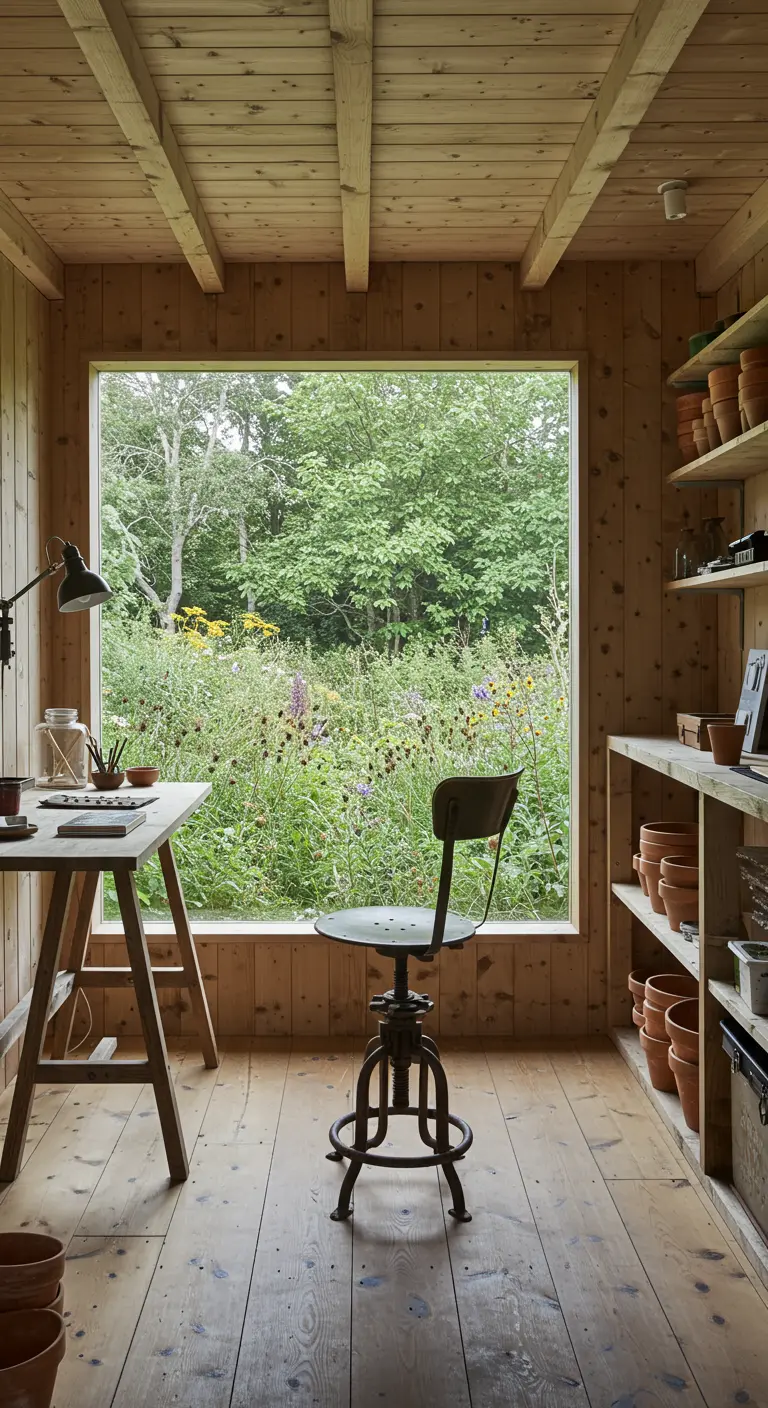 Estudio rústico en una cabaña de madera con un gran ventanal al jardín