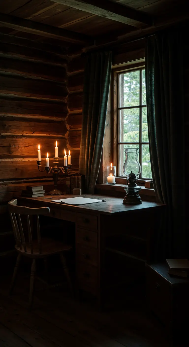Escritorio de madera en una cabaña de troncos, iluminado por la luz de las velas.