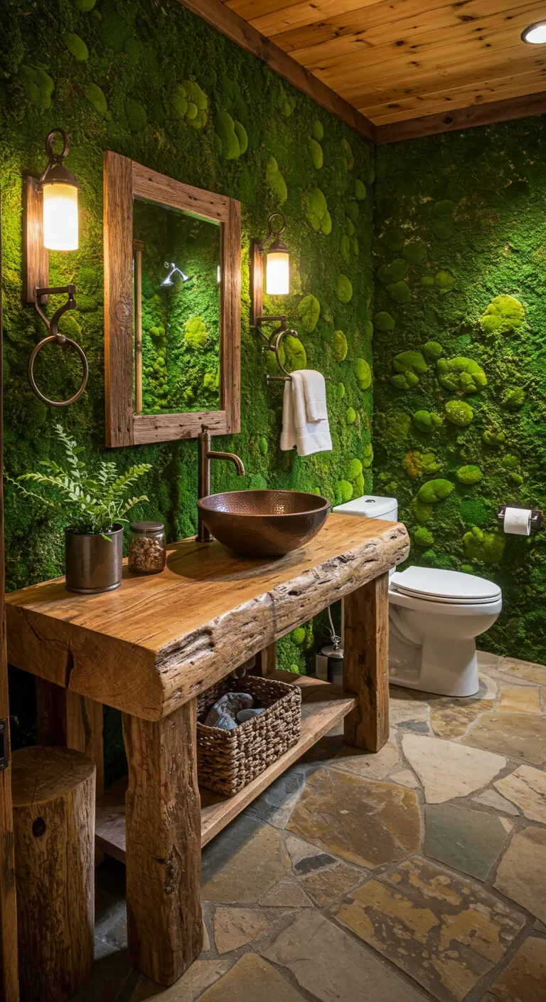 Baño rústico y mágico con paredes cubiertas de musgo y un tocador de tronco de árbol.