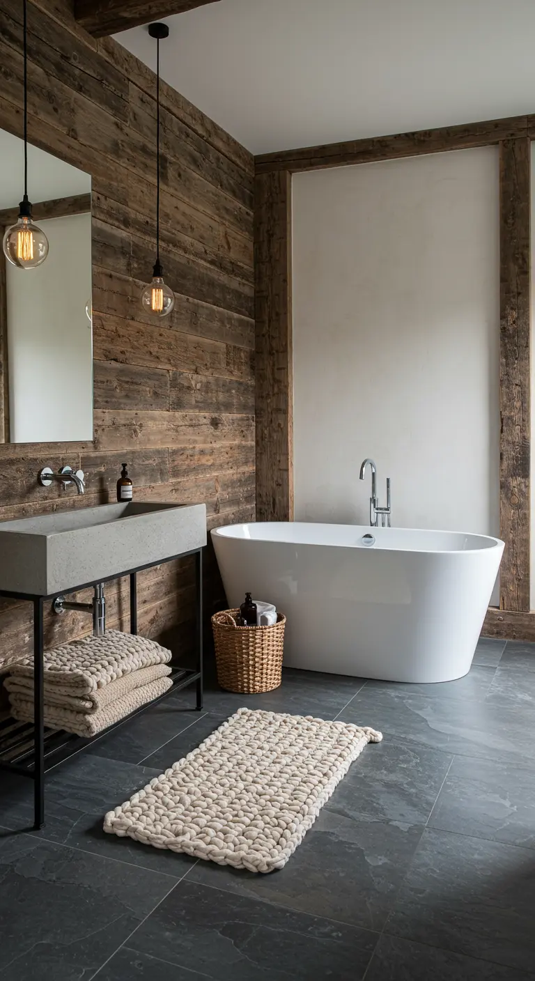 Baño rústico-moderno con pared de madera recuperada, lavabo de cemento y bañera exenta.