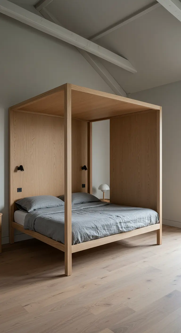 Cama con dosel de madera clara de diseño moderno y estructura cerrada.