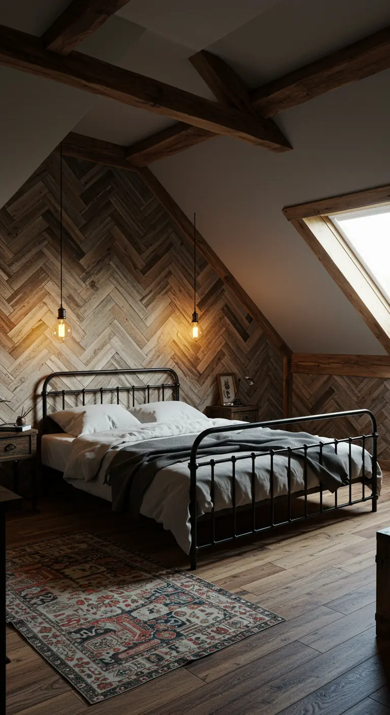 Ático rústico con pared de madera en espiga y cama de hierro forjado.