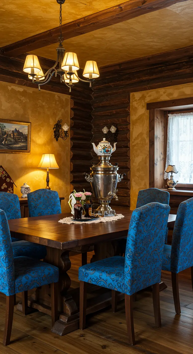 Comedor rústico con paredes de troncos, sillas tapizadas en damasco azul y un samovar.