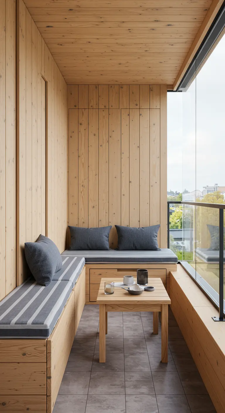 Balcón cerrado con bancos de madera a medida, cojines a rayas y paredes revestidas de madera.