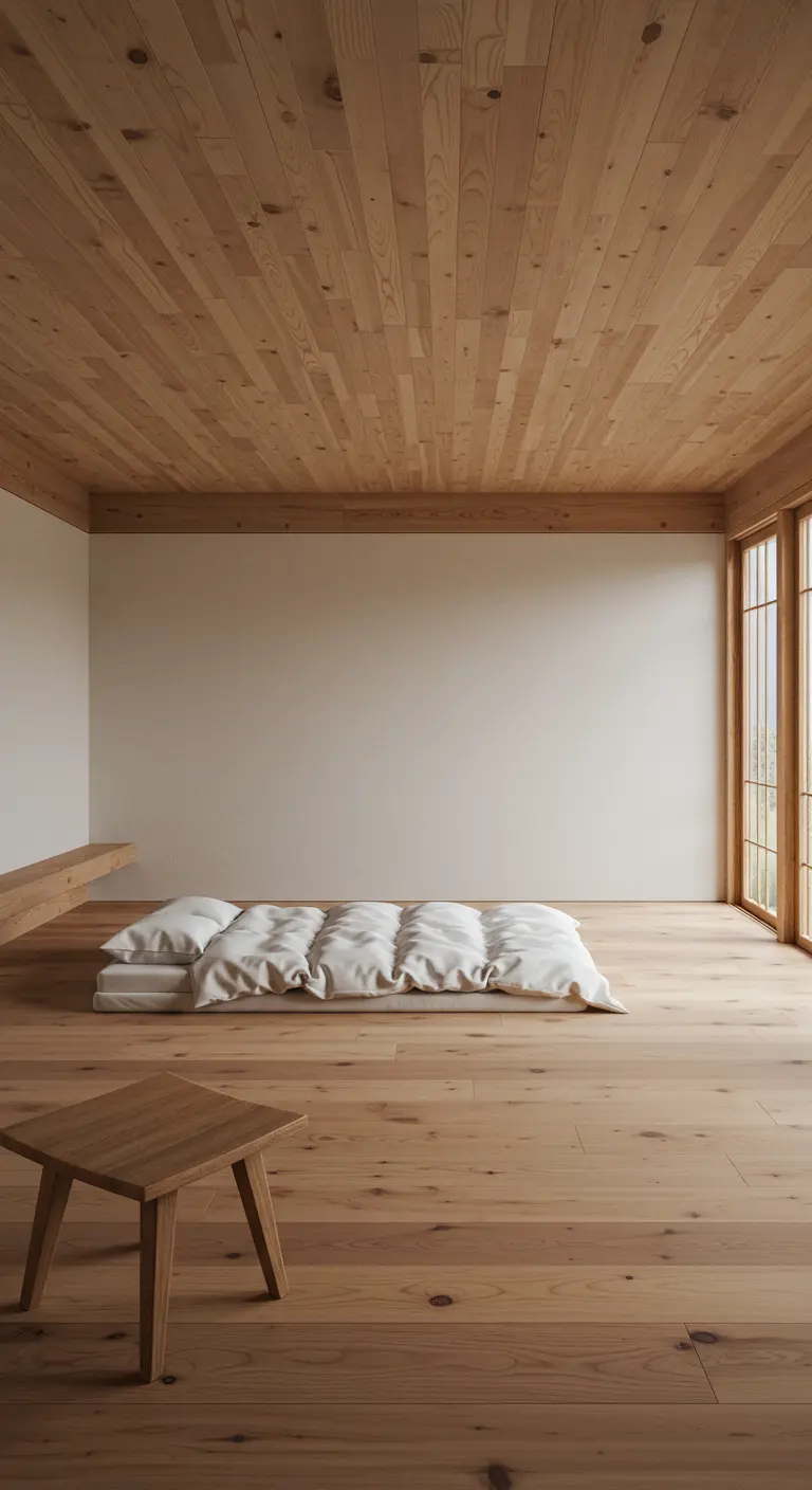 Dormitorio minimalista completamente revestido de madera clara, con un futón en el suelo.