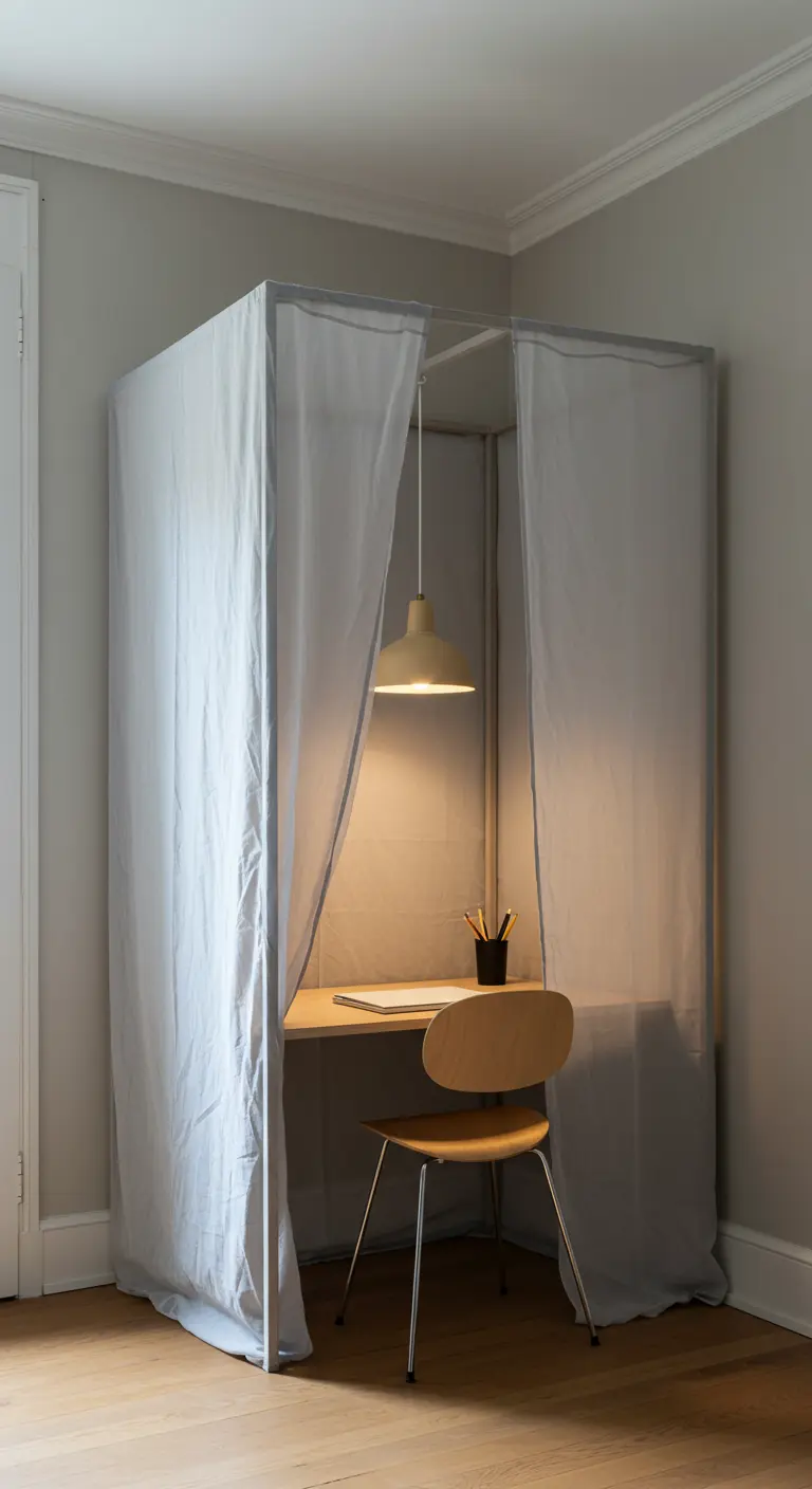 Estructura cúbica cubierta con tela blanca creando una cabina de trabajo privada en una esquina.