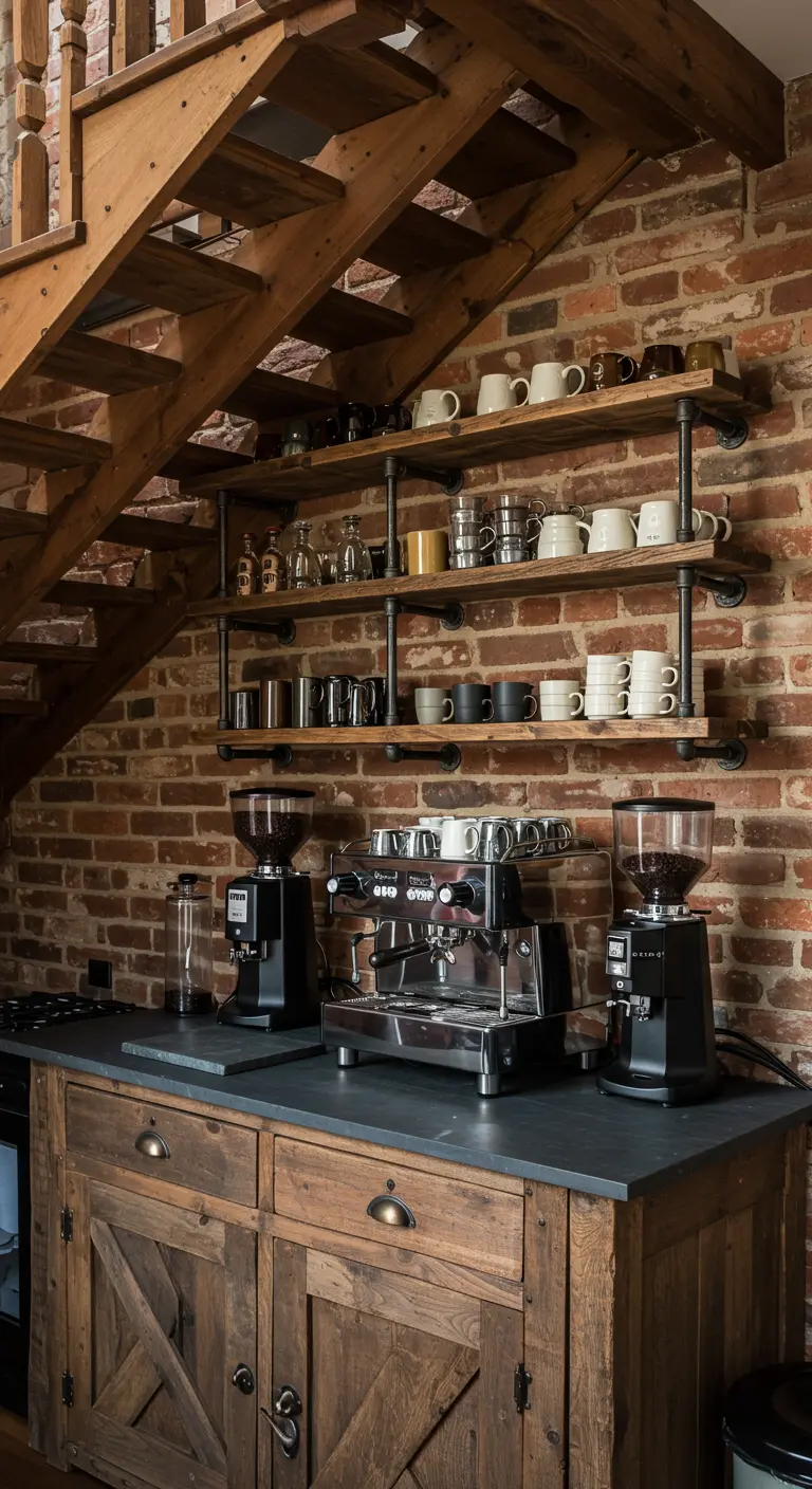 Rincón de café estilo industrial bajo una escalera con pared de ladrillo