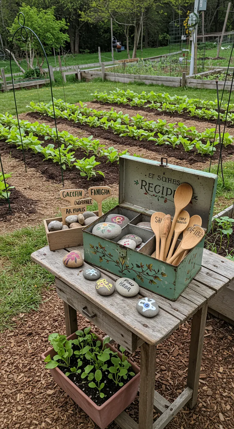 Caja metálica vintage de color verde con compartimentos para guardar piedras pintadas y utensilios de madera.