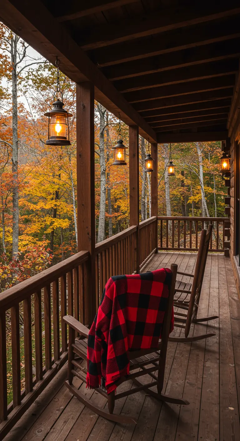Porche de madera con mecedoras, una manta de cuadros rojos y negros y faroles colgantes.