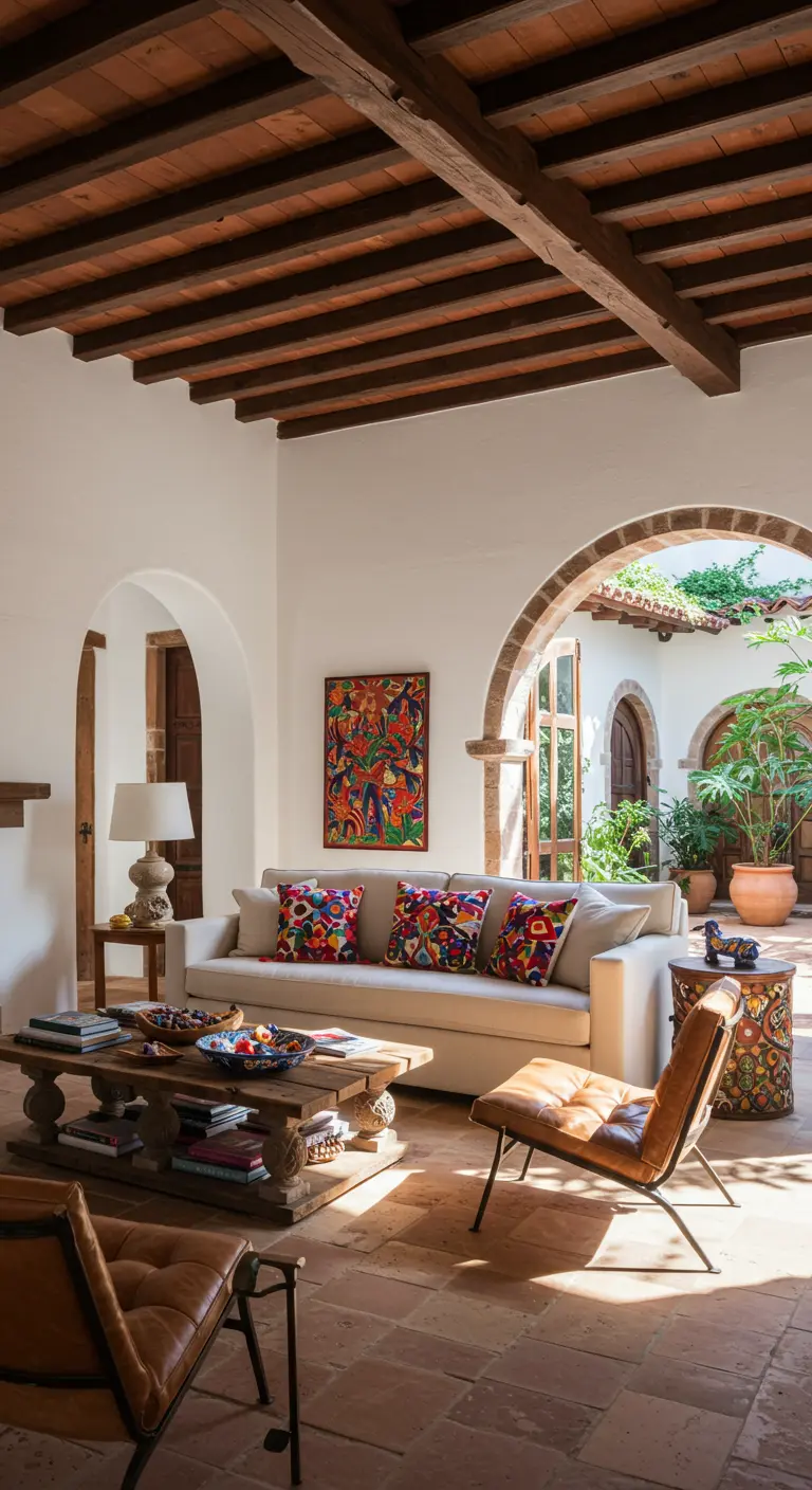 Sala de estar estilo hacienda con vigas de madera, sofá neutro y textiles latinoamericanos coloridos.