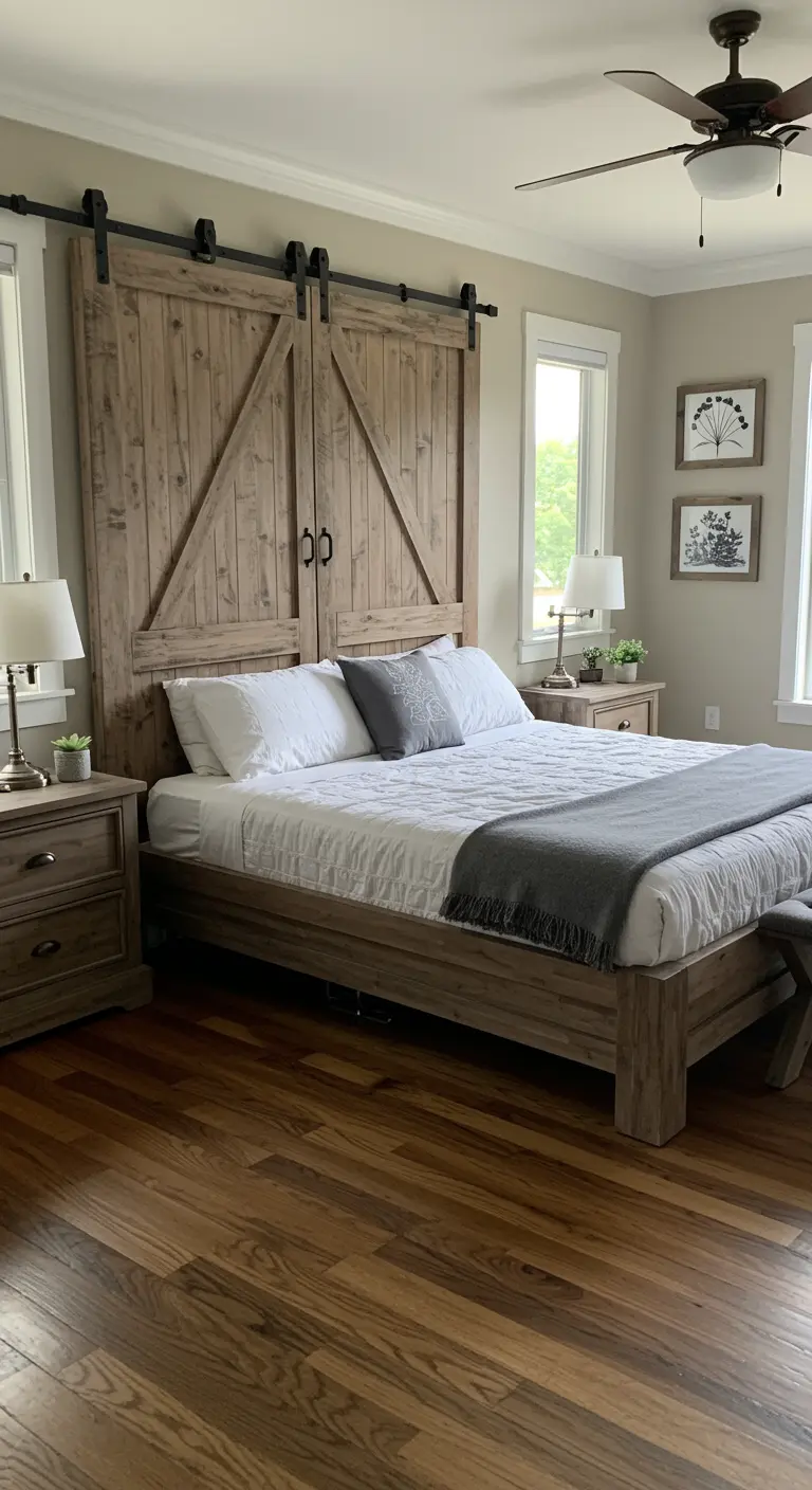 Cabecero de cama de estilo rústico hecho con dos puertas de granero de madera natural teñida.