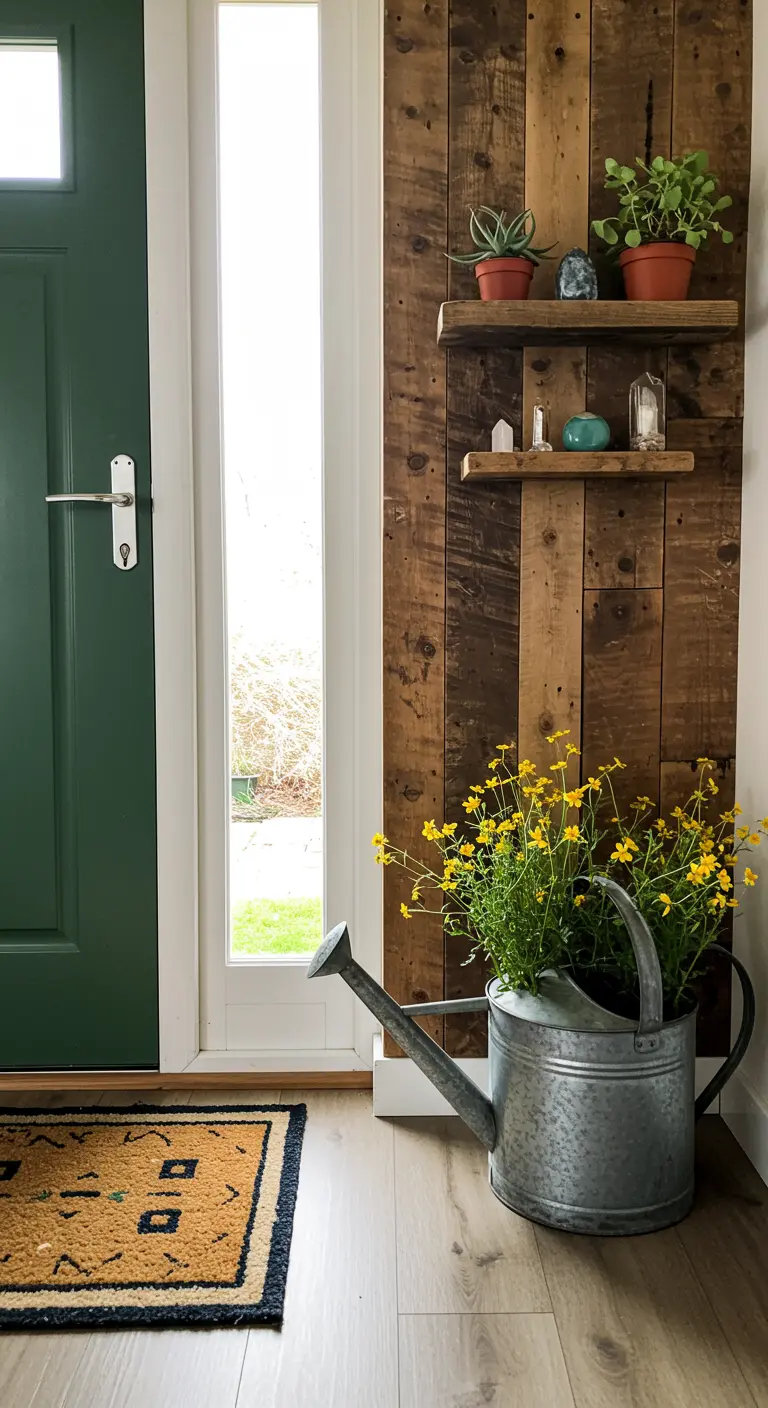 Entrada con una pared de acento hecha de madera reciclada, estantes flotantes y una regadera como macetero.