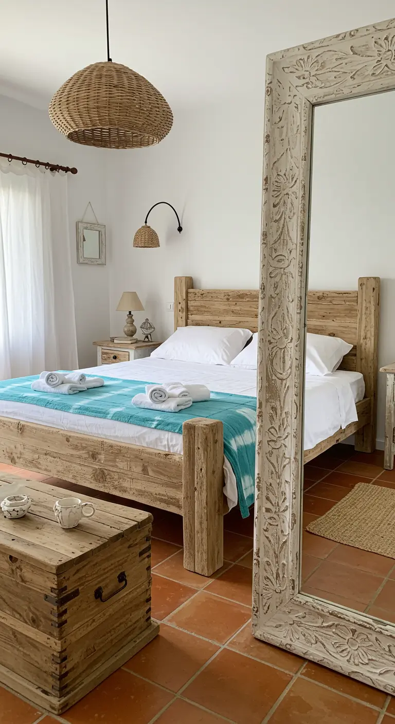 Dormitorio rústico con cama de madera maciza, suelo de terracota y un gran espejo tallado.