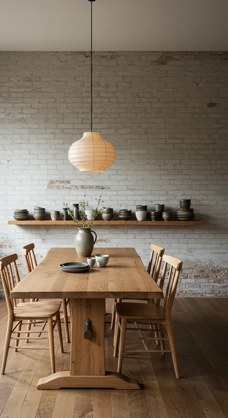 Comedor wabi-sabi con mesa de madera, pared de ladrillo y lámpara de papel.