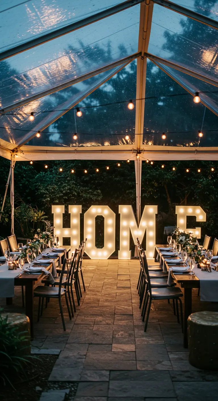 Letras luminosas con la palabra HOME al final de unas mesas de cena bajo una carpa transparente.