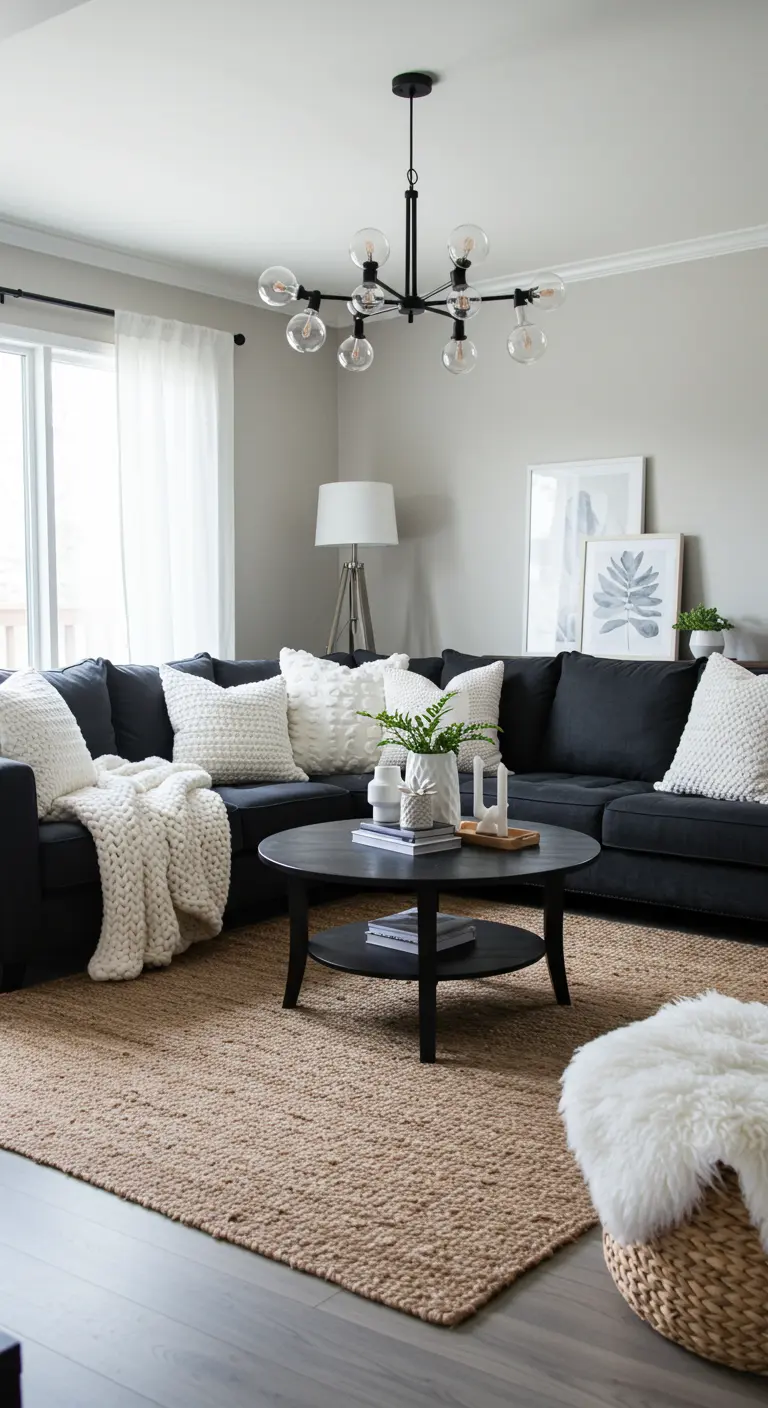 Sala acogedora con sofá gris oscuro, cojines blancos texturizados y alfombra de yute.