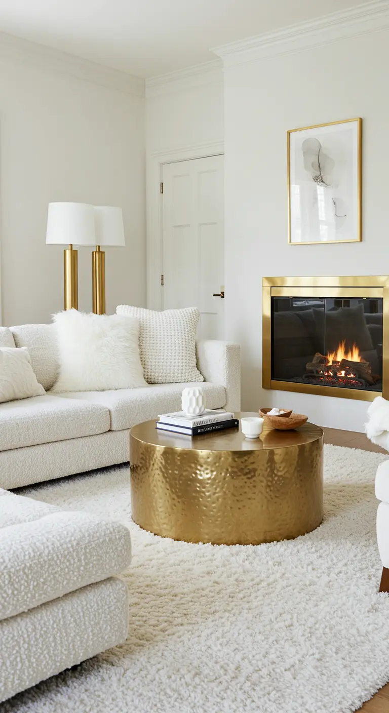 Sala de estar acogedora con sofá de borreguito, chimenea y una mesa de centro redonda de oro martillado