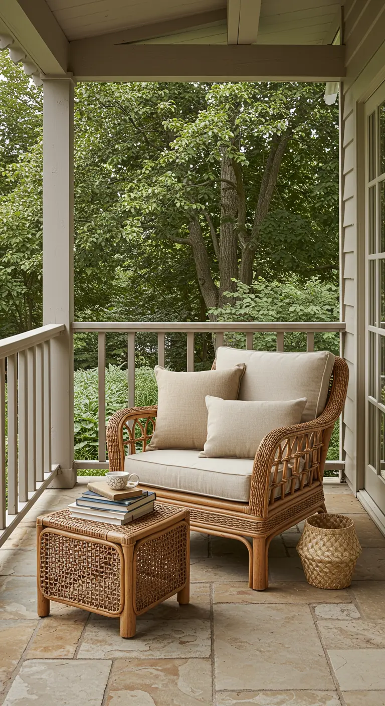 Porche con un sofá de dos plazas y una mesa de ratán, con cojines de lino en color beige.
