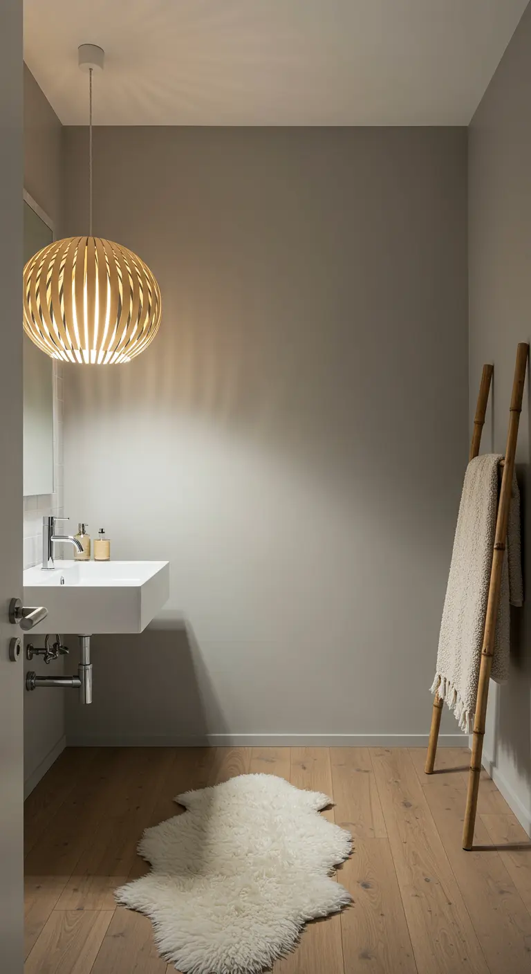 Baño minimalista con una lámpara colgante esférica de láminas de madera