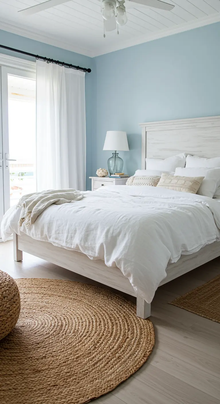 Alfombra redonda de yute colocada de forma asimétrica junto a una cama de madera blanca.