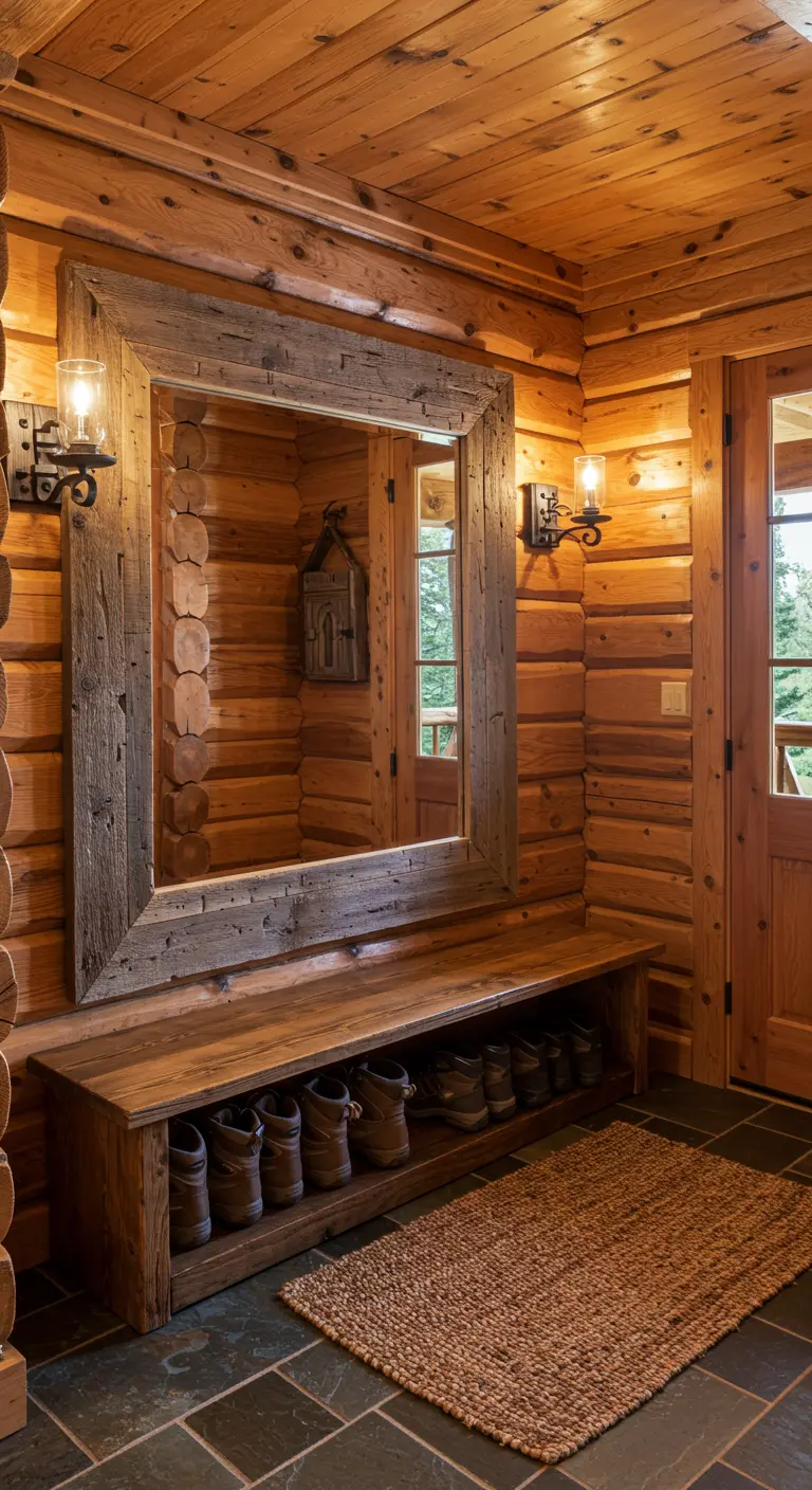Recibidor de estilo cabaña con paredes de troncos, banco zapatero de madera y espejo rústico.