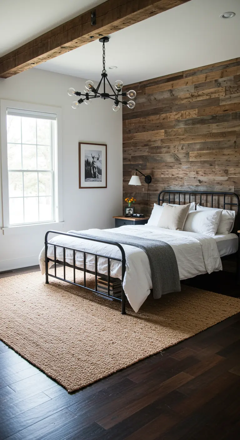 Dormitorio de estilo farmhouse con pared de madera recuperada y cama de hierro negro