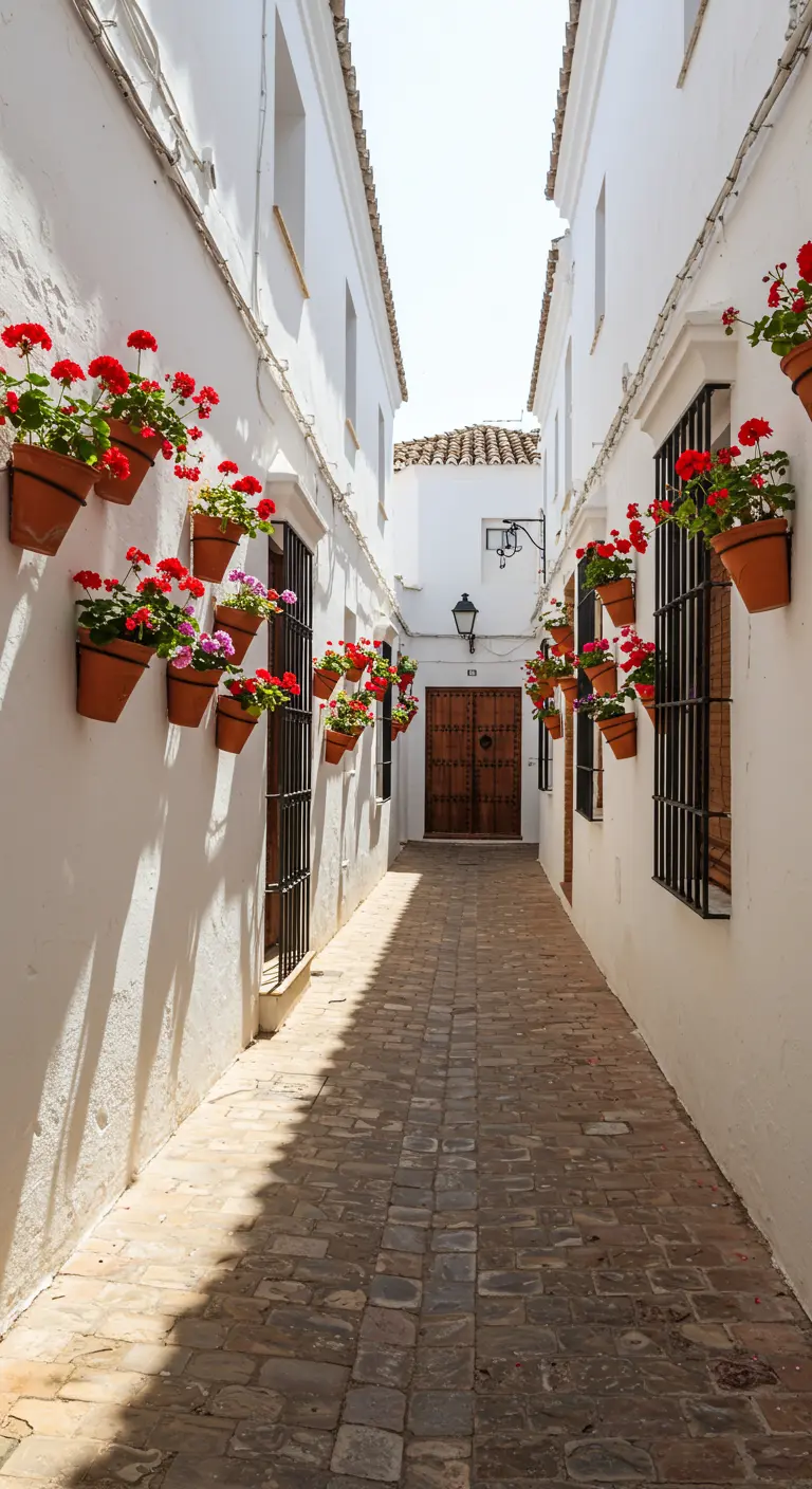 Callejón estrecho con paredes blancas y macetas de geranios rojos colgadas en fila