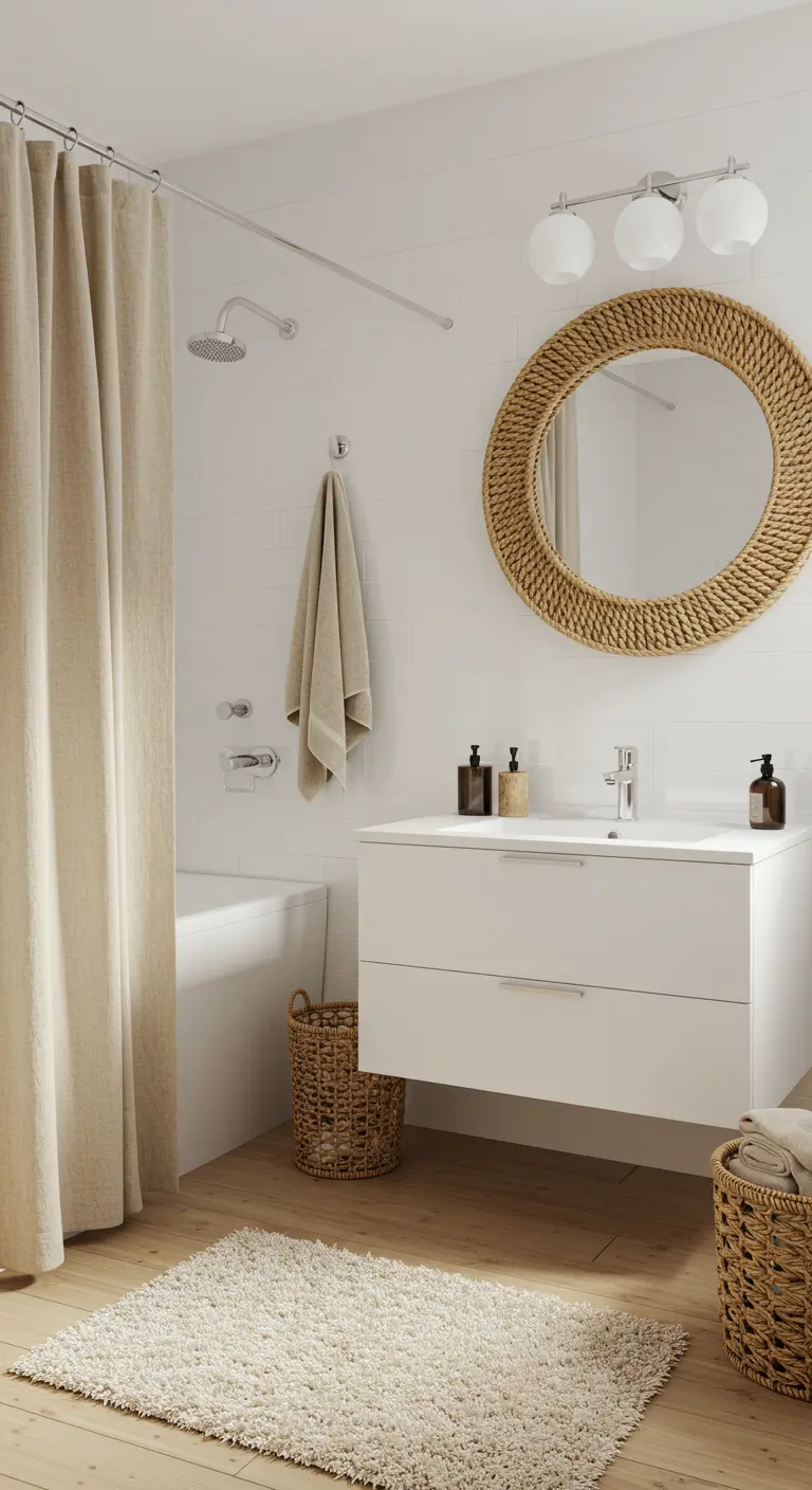 Baño blanco y luminoso con espejo redondo de ratán, mueble flotante y cestas de mimbre.