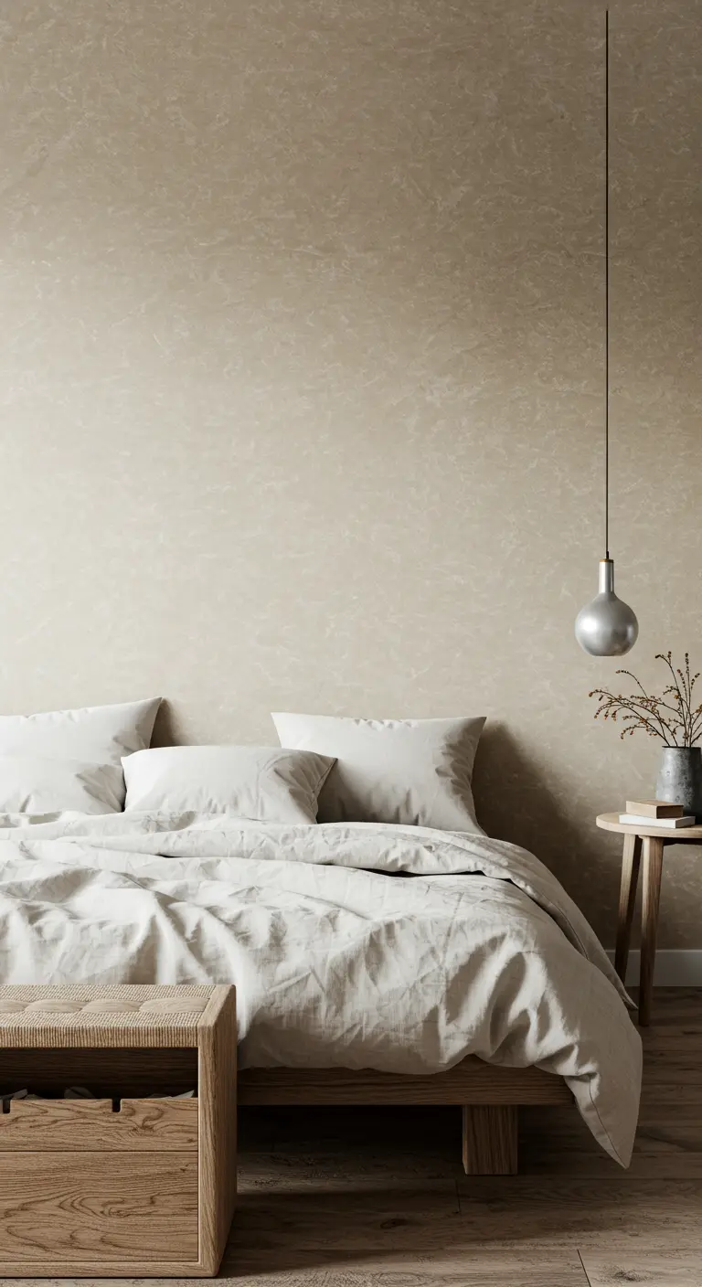 Cama de madera con ropa de cama de lino beige y una pared con textura sutil.