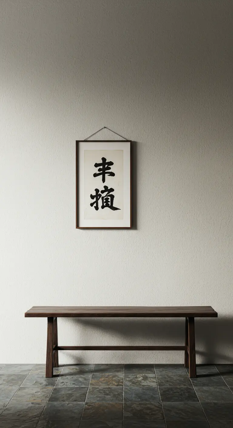 Pared blanca con un cuadro de caligrafía japonesa colgado sobre un banco de madera.