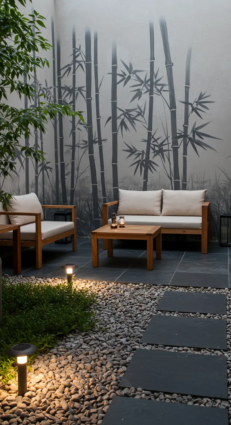 Patio zen con un mural de bambú, muebles de madera y un camino de piedras y losas