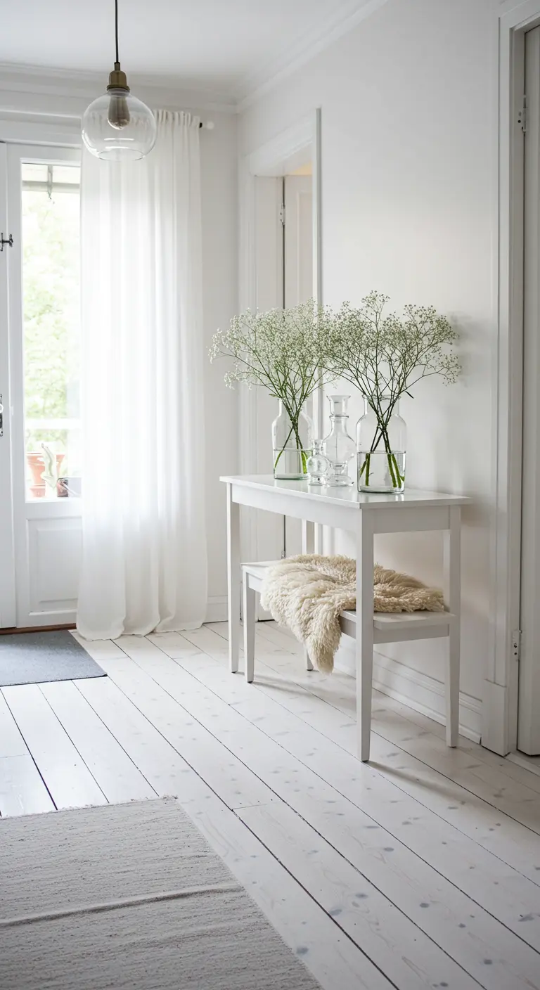 Mesa consola blanca con jarrones de cristal llenos de paniculata en un recibidor luminoso