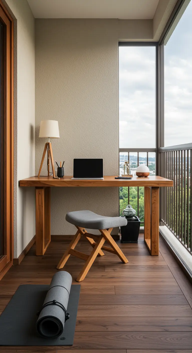 Oficina minimalista en balcón con escritorio de madera maciza y taburete plegable