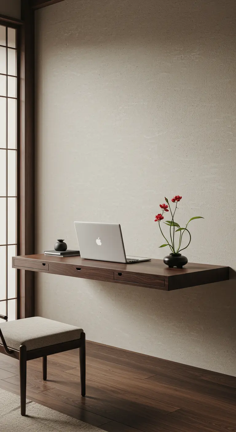 Escritorio flotante de madera oscura muy fino y minimalista en un ambiente de inspiración japonesa.