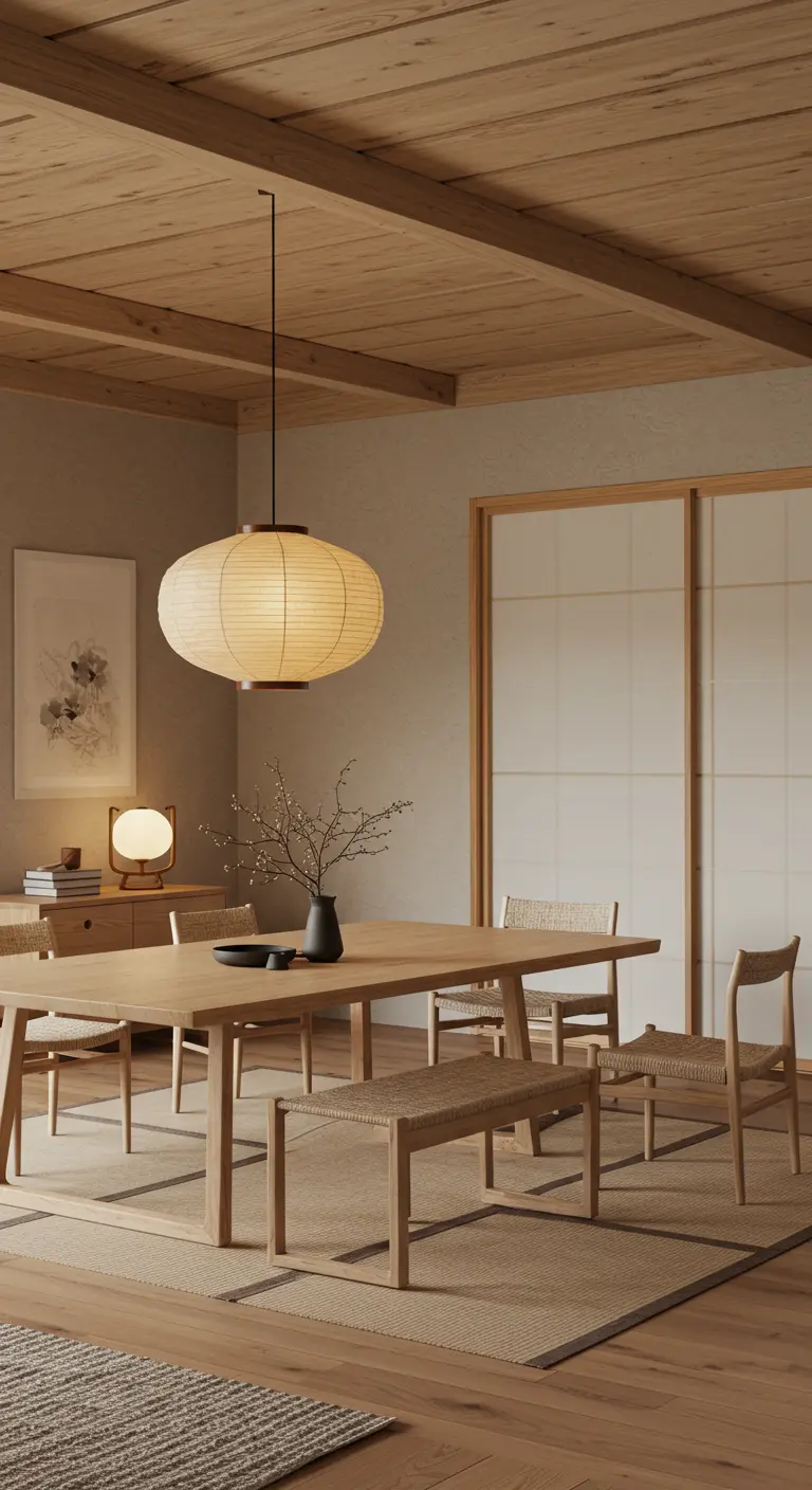 Comedor de estilo Japandi con techo de vigas de madera clara y lámpara de papel