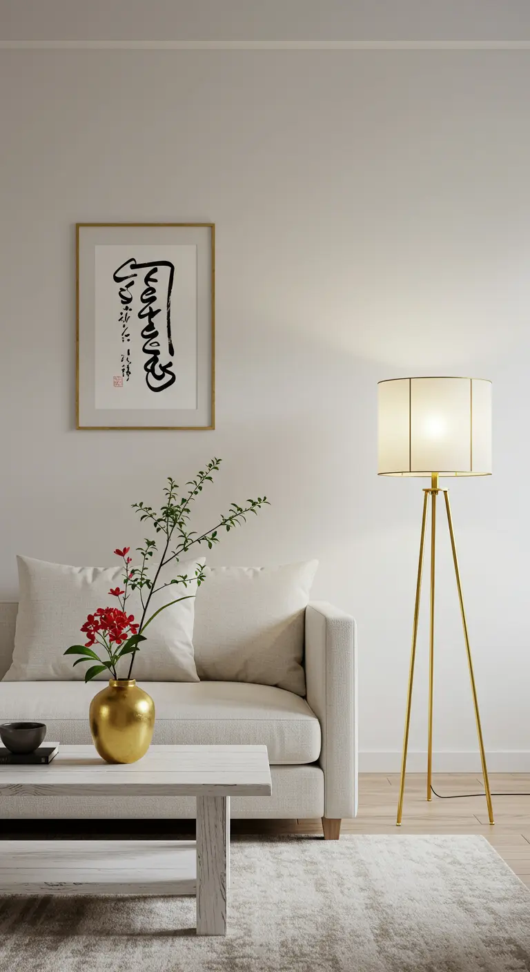 Salón sereno de estilo Japandi con sofá de lino, lámpara de trípode dorada y un jarrón con arreglo floral Ikebana