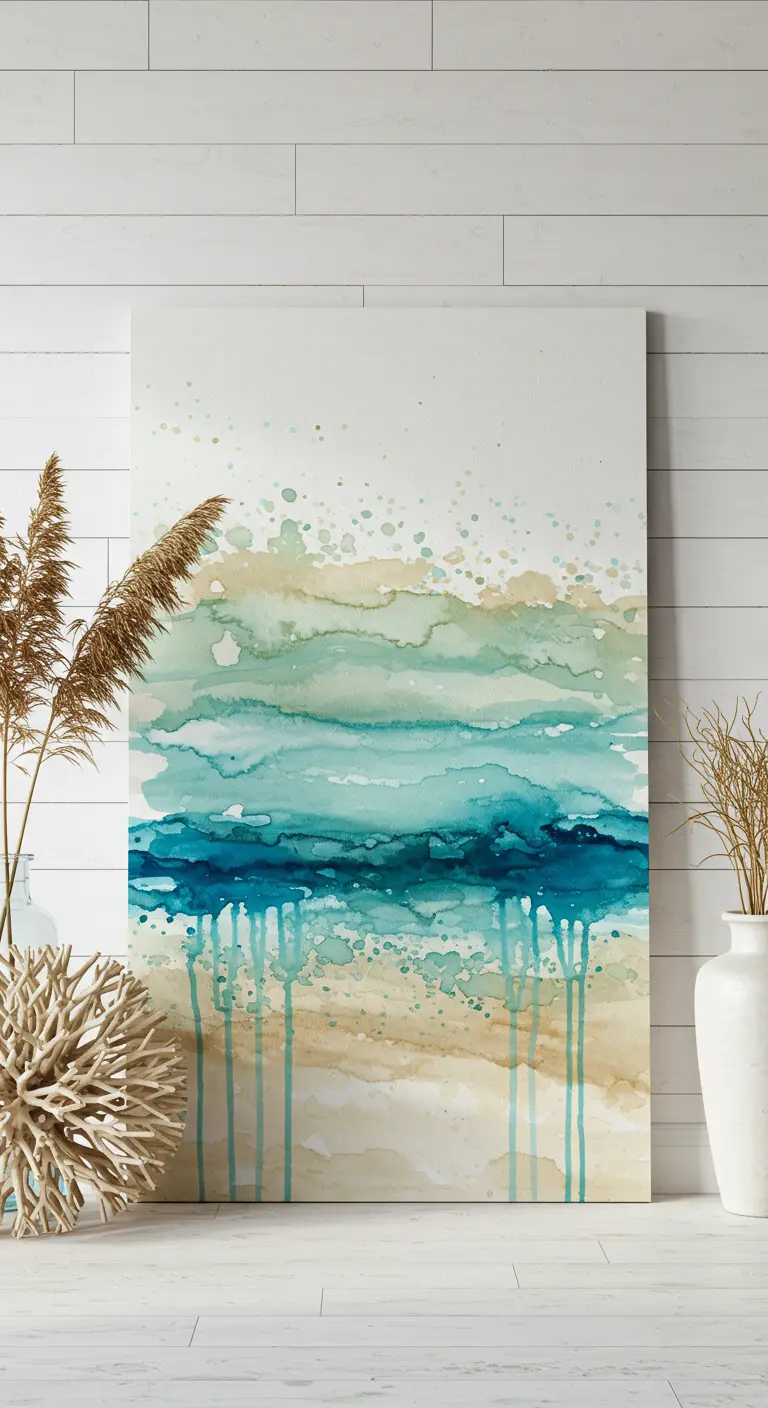 Pintura abstracta de acuarela con tonos de playa, azules y arena, con gotas que caen.
